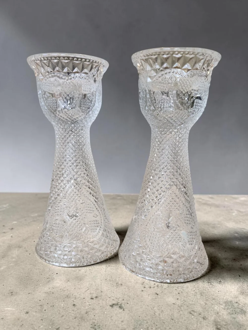 Avon Clear Pressed Glass Heart Motif Candle Holders/vase Pair